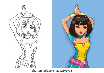 Colouring book vector illustration of girl dressed as queen of ancient egypt