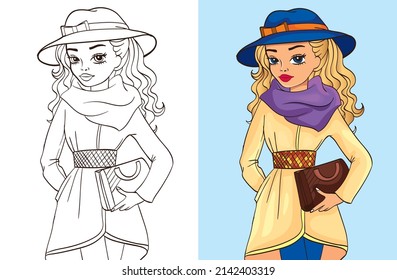 Colouring book vector illustration of girl in  beige coat and a big hat