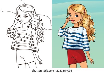 Colouring book vector illustration of girl in sea striped blouse and red shorts