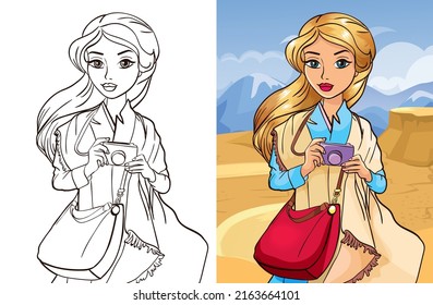 Colouring book vector illustration of girl with camera and big red bag in the desert