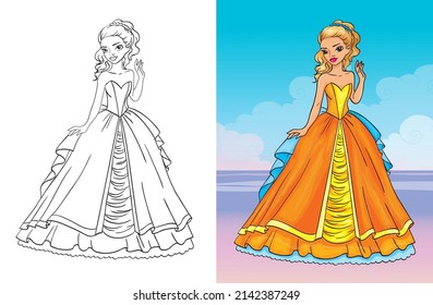 Colouring book vector illustration of princess in a magnificent orange ball gown