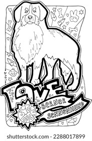 Colouring book vector page with big dogs for children and grownups. Hand drawn line illustration for free time activities. House animal pet cartoon character outline drawing. One of a pages set.