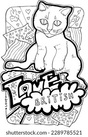 Färben von Vektorseiten mit verschiedenen Katzen für Katzenliebhaber Erwachsene und Kinder. Handgezeichnete Liniengrafik, Cartoon-Charakter-Stil. Farbhobby zur Entspannung und Entspannung.