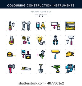 Colouring construction instruments vector set icons