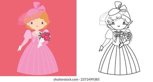 Colouring cute fairytale kingdom character. Coloring a princess in a pink dress. Simple colouring page for kids. Fun activity for kids. Educational printable coloring worksheet. Vector illustration.