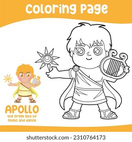 Colouring the cute greek god of music and dance. Ancient Greece mythology. Greek deity theme elements. Coloring page activity for kids. Vector illustration file.