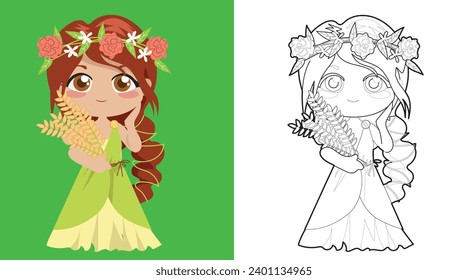 Colouring cute Greek goddess cartoon character. Coloring Demeter the goddess of the harvest and agriculture. Simple coloring page for kids. Fun activity for kids. 