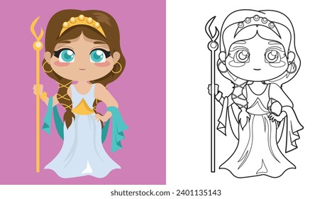 Colorando a la adorable diosa griega personaje de caricatura. Colorando a Hera la diosa del matrimonio. Simple página de colorear para los niños. Actividad divertida para los niños. Hoja de trabajo de coloreado educativo imprimible. Vector.