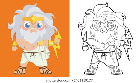 Colouring cute Greek gods cartoon character. Coloring Zeus god of thunder and sky. Simple coloring page for kids. Fun activity for kids. Educational printable coloring worksheet. Vector.