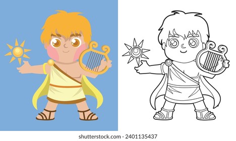 Colouring cute Greek gods cartoon character. Coloring Apollo the god of sun, light, music, poetry, and archer. Simple coloring page for kids. Fun activity for kids. Educational printable coloring page