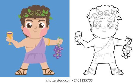 Colouring cute Greek gods cartoon character. Coloring Dionysus the god of wine (fruitfulness). Simple coloring page for kids. Fun activity for kids. Educational printable coloring worksheet. Vector.