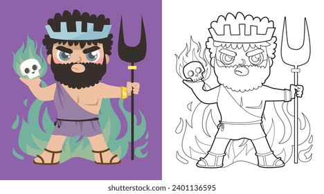 Colouring cute Greek gods cartoon character. Coloring Hades god of hell and underworld. Simple coloring page for kids. Fun activity for kids. Educational printable coloring worksheet. Vector.