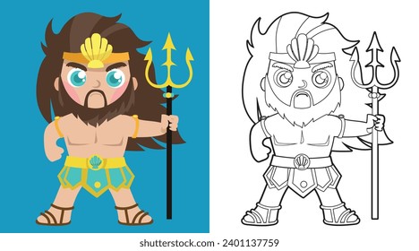 Colorando a los adorables dioses griegos del personaje de caricatura. Colorando el dios de Poseidón del mar y el agua. Simple página de colorear para los niños. Actividad divertida para los niños. Hoja de trabajo de coloreado educativo imprimible. Vector.