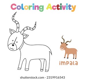Colouring the cute impala. Coloring activity for preschool and kindergarten children. Printable educational printable coloring worksheet. Vector illustration file.