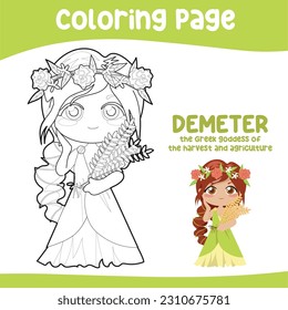 Colouring Demeter the goddess of harvest and agriculture. Ancient Greece mythology. Greek deity theme elements. Coloring page activity for kids. Vector illustration file.