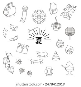 Colouring illustration set of summer materials in Japanese style.Natsu means summer.