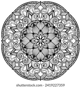 Colouring page 353, vector. Mandala 296, ethnic pattern, object isolated on white background.