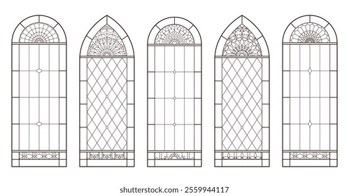 Colouring page for adult with Church windows. Catholic Christian arch frames.