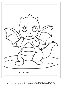 A colouring page of a baby dragon, line vector 