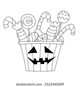 Colouring page Cartoon Illustration Of Halloween Shows Candies In A Basket,