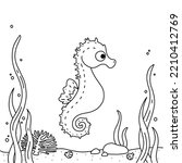 Colouring page for children, underwater scene with a cute seahorse, seaweed, stones, seashells . Minimalistic design for colouring books, for preschool activity and fun for kids.