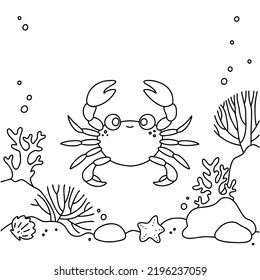 Colouring page for children, underwater scene with a cute crab, corals, stones, starfish, shells. Minimalistic design for colouring books and fun for kids.