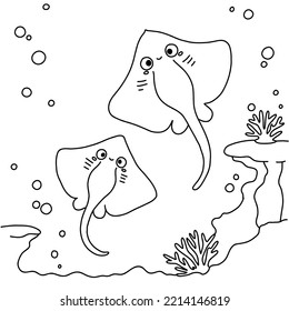 Colouring page for children, underwater scene with a cute stingrays. Learning marine animals with fun and joy. Minimalistic design for colouring books and textile print