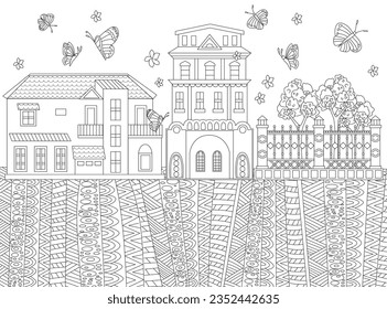 colouring page with cityscape. Cute houses, fence, trees, ornate pavement and flying butterflies