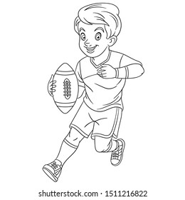 Colouring Page. Cute Cartoon Boy Playing Rugby. Childish Design For Kids Coloring Book About People Professions.