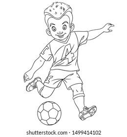 Colouring page. Cute cartoon footballer, young boy playing football. Childish design for kids coloring book about people professions.