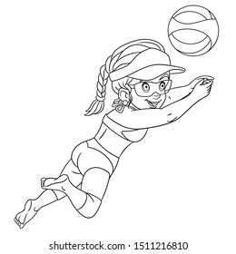 Colouring page. Cute cartoon girl playing volleyball. Childish design for kids coloring book about people professions.