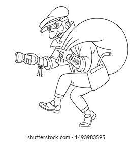 Colouring page. Cute cartoon thief running with a bag, criminal housebreaker. Childish design for kids coloring book about people professions.