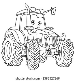 Colouring page. Cute cartoon tractor. Agricultural farming vehicle. Childish design for kids coloring book.