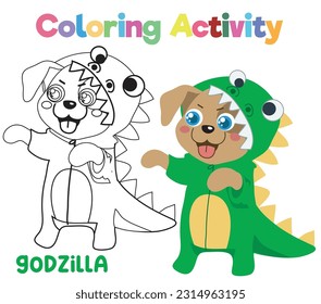 Colouring page of the cute and kawaii puppy or dog with Halloween Costume. Fun activity for kids. Educational printable coloring worksheet. Coloring activity for children. Vector illustration file.