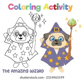 Colouring page of the cute and kawaii puppy or dog with Halloween Costume. Fun activity for kids. Educational printable coloring worksheet. Coloring activity for children. Vector illustration file.