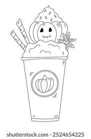 Colouring page Halloween Holiday Pumpkin Cocktail Being Served With A Pipe