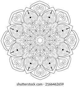 Página de coloreado, dibujada a mano, vector. Mandala 45, patrón floral, étnico, objeto aislado en fondo blanco.