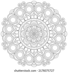 Colouring page, hand drawn, vector. Mandala 55, ethnic pattern, swirl and floral, object isolated on white background.