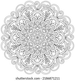 Colouring page, hand drawn, vector. Mandala 66, ethnic, swirl pattern, object isolated on white background,