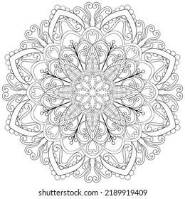 Colouring page, hand drawn, vector. Mandala 69, ethnic, swirl pattern, object isolated on white background.
