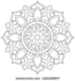 Página de coloreado, dibujada a mano, vector. Mandala 100, étnico, patrón giratorio, objeto aislado en fondo blanco.