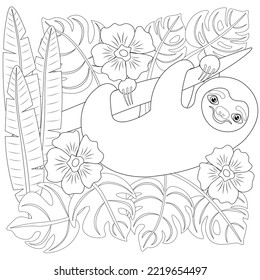 Colouring page, hand drawn, vector. Sloth and tropical plants, Folivora Delsuc.