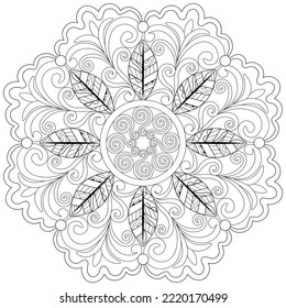 Colouring page, hand drawn, vector. Mandala 104, ethnic, swirl pattern, object isolated on white background.