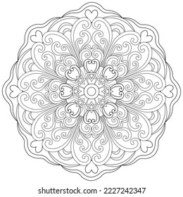 Página de coloreado, dibujada a mano, vector. Mandala 117, de etnia, patrón giratorio, objeto aislado de fondo blanco.
