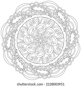 Colouring page, hand drawn, vector. Mandala 121, ethnic, swirl pattern, object isolated on white background.