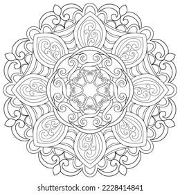 Colouring page, hand drawn, vector. Mandala 123, ethnic, swirl pattern, object isolated on white background.
