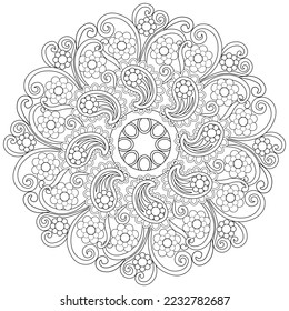 Colouring page, hand drawn, vector. Mandala 126, ethnic, swirl pattern, object isolated on white background.