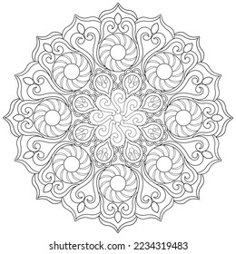 Colouring page, hand drawn, vector. Mandala 128, ethnic, swirl pattern, object isolated on white background.