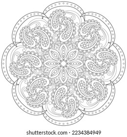Página de coloreado, dibujada a mano, vector. Mandala 129, etnia, patrón giratorio, objeto aislado en fondo blanco.