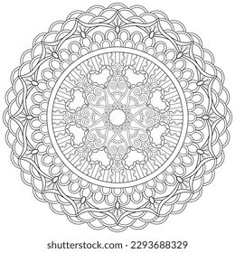 Página de coloreado, dibujada a mano, vector. Mandala 163, étnico, patrón giratorio, objeto aislado en fondo blanco.